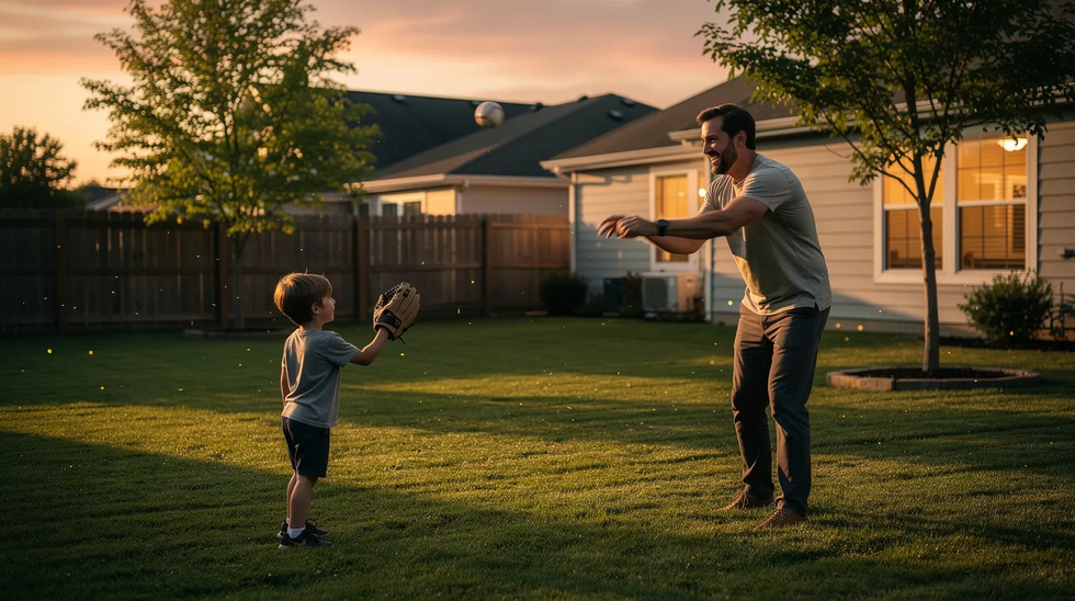 A father and child are joyfully playing catch in a backyard during the evening, showcasing a strong parent-child relationship and the importance of nurturing environments for children's well-being. This scene highlights the positive impact of active participation in a child's life, which is essential in family law cases, particularly regarding custody arrangements and parental rights.