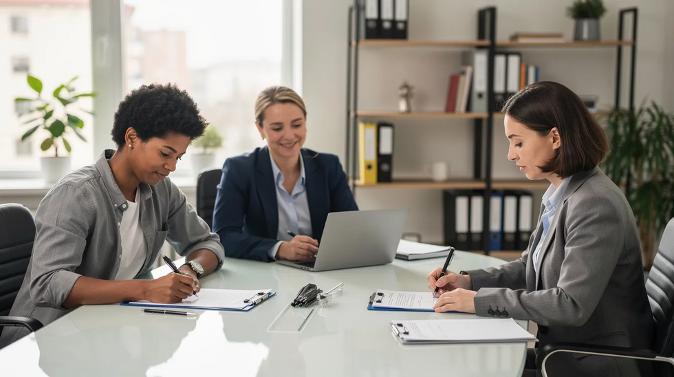 The image shows two parents seated at a table, engaged in signing legal documents with a mediator overseeing the process in a professional office environment. This setting reflects the serious nature of family law cases, particularly regarding child custody and support negotiations, emphasizing the importance of legal representation for securing the best interests of their children's lives.