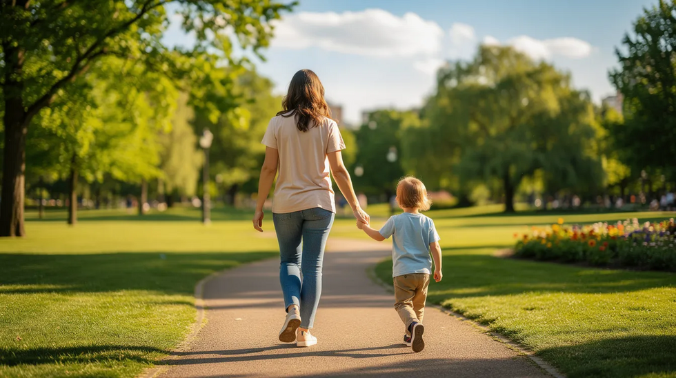 A mother and her child are walking hand-in-hand through a sunny park, enjoying their time together while nurturing their parent-child relationship. This scene reflects the importance of a stable environment for a child's well-being, which is often a key consideration in family law matters, including custody disputes and child support issues.
