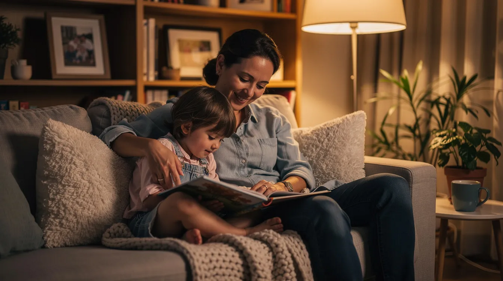 A parent and their young child are cozily seated on a couch, engrossed in reading a book together in a warm living room. This scene captures the essence of a nurturing parent-child relationship, emphasizing the importance of parental involvement and the child's well-being in family law matters.