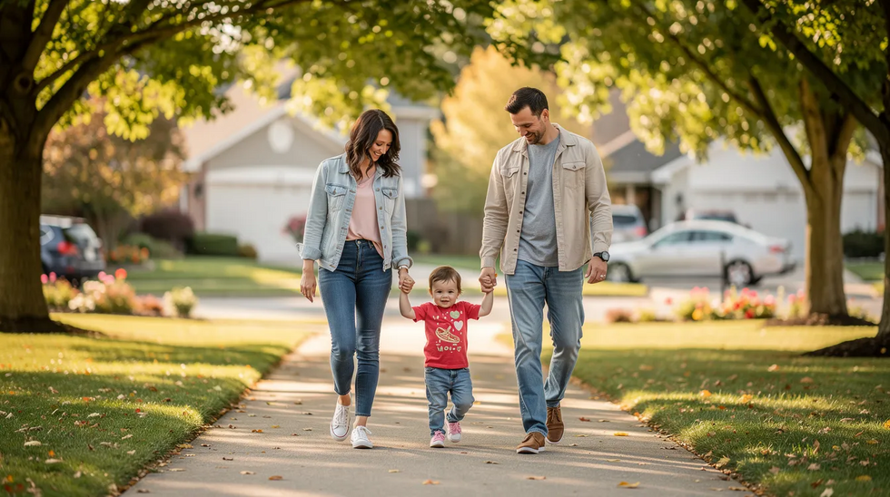 A family with a small child is walking along a tree-lined path in a suburban neighborhood, enjoying a pleasant day together. This image reflects the importance of nurturing the parent-child relationship, which is often a key consideration in family law matters such as custody disputes and child support in Texas.