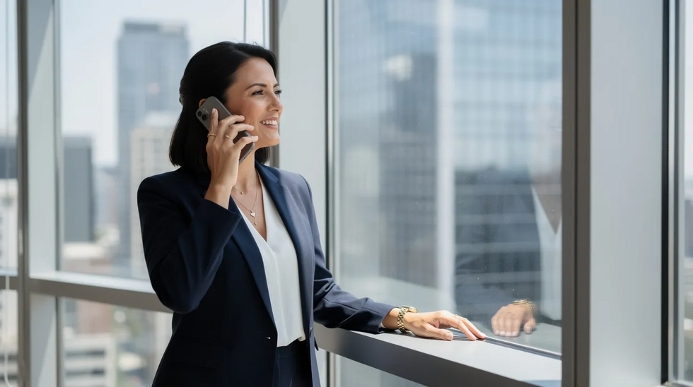 A confident woman is engaged in a phone call while standing near an office window, overlooking a city skyline filled with tall buildings. She appears to be discussing important matters related to family law, possibly involving child support or custody disputes, reflecting her role as a knowledgeable legal advocate in Texas.
