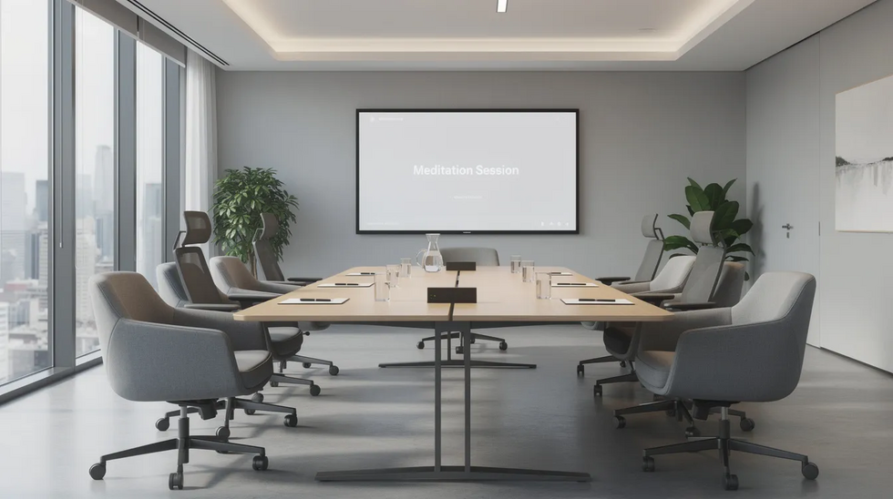 The image depicts a modern conference room designed for mediation sessions, featuring large windows that allow natural light to illuminate two separate seating areas divided by a central table. This professional setting emphasizes the mediation process, providing a conducive environment for disputing parties to engage in constructive dialogue and work towards an agreeable resolution.