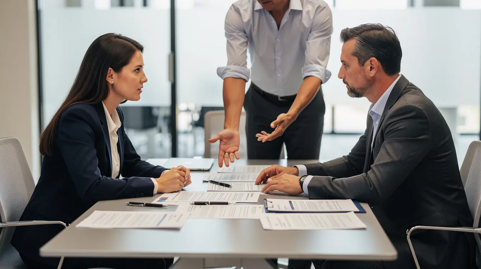 The image depicts two professionals seated across from each other at a table cluttered with documents related to a divorce case, while a third person stands between them, gesturing towards the paperwork, likely facilitating the mediation process. This scene illustrates the collaborative effort involved in resolving disputes through mediation services, emphasizing the role of a neutral third party in reaching an agreeable resolution.