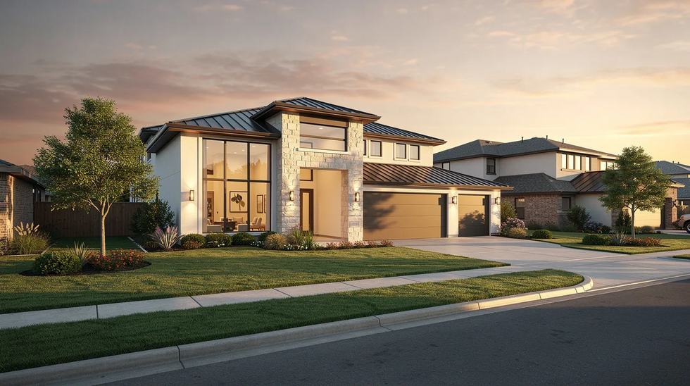 The image depicts a large modern house surrounded by a well-manicured lawn, set in a Texas suburban neighborhood during the golden hour, casting a warm glow on the scene. This tranquil setting reflects the importance of family law and the mediation process, where families often seek amicable resolutions, such as mediated settlement agreements, during challenging times like divorce.
