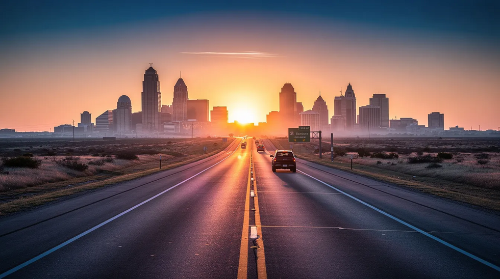 The image depicts a Texas highway stretching into the horizon between two major cities, bathed in the warm hues of a sunset, with city skylines visible in the distance. This serene scene symbolizes the journey many take through the mediation process in family law, where experienced attorneys help resolve disputes and reach amicable agreements.