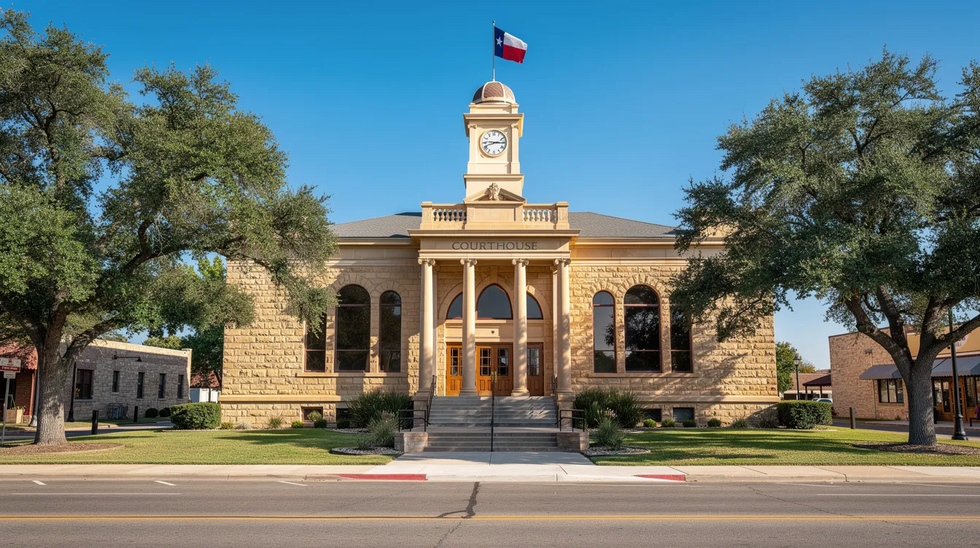 The image depicts the exterior of a Texas courthouse building under a clear blue sky, symbolizing the legal processes involved in family law matters such as child custody and visitation rights. This courthouse is where cases affecting the parent-child relationship, including those involving grandparents' rights, are addressed according to Texas law.