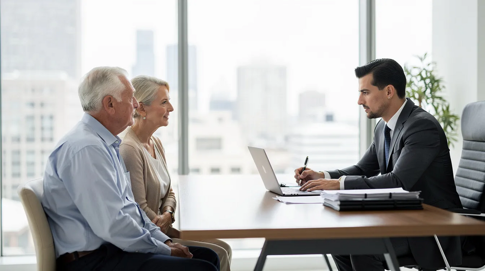 An older couple is seated across from a knowledgeable attorney in a modern law office, discussing family law matters related to their grandchild's well-being and potential visitation rights. The attorney appears experienced, providing legal options regarding custody and the interests of the child, emphasizing the importance of maintaining strong family relationships.