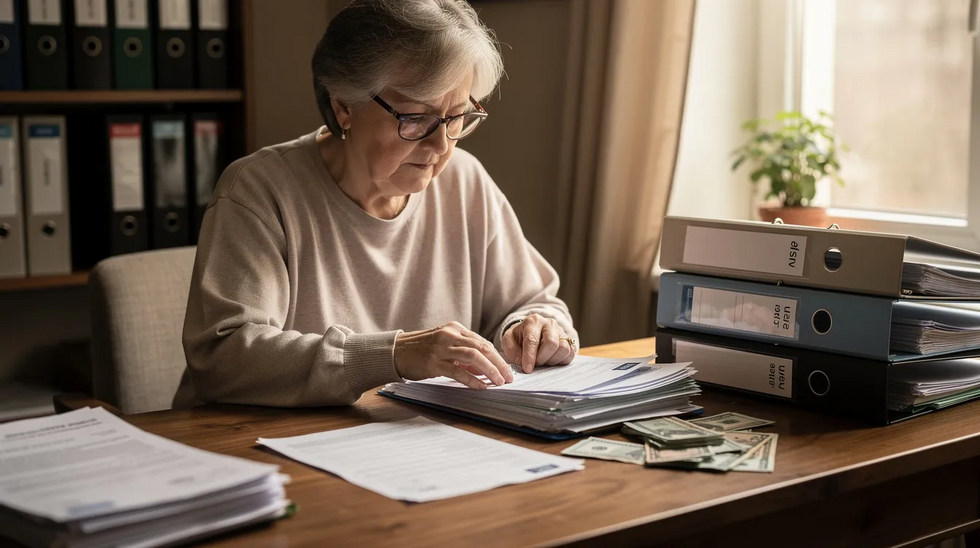 An older person is seated at a desk, meticulously organizing various paperwork and documents, likely related to family law matters such as custody or visitation rights. The scene suggests a focus on the best interests of a child, highlighting the importance of legal processes in maintaining family relationships.