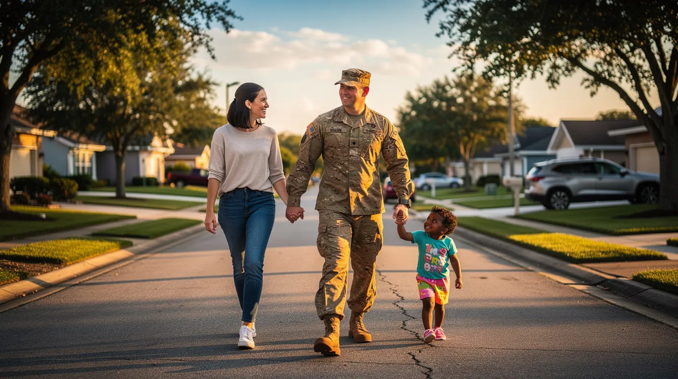 A service member in uniform is walking alongside their family in a peaceful residential neighborhood, highlighting the balance of military service and family life. This image reflects the importance of military families and the potential challenges they face, including military divorce proceedings and child custody issues.