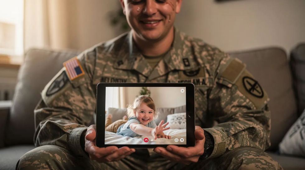An active duty military parent in uniform is video calling with their young child, whose face is visible on a tablet screen, highlighting the connection between military families despite separation. This moment reflects the challenges of child custody and maintaining family life during military service.