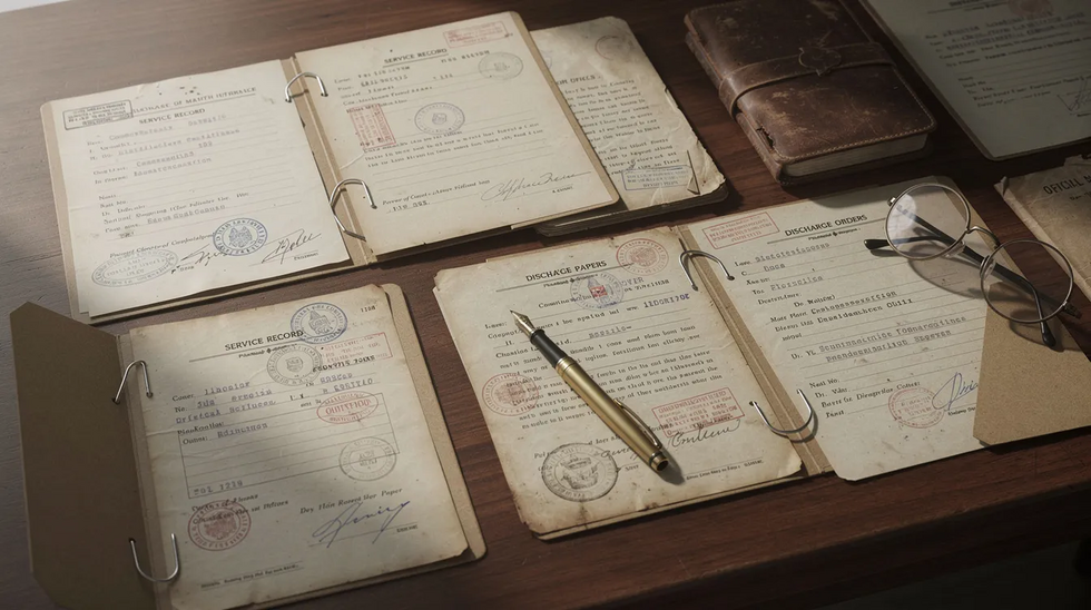 The image depicts military service records and official documents neatly organized on a wooden desk, highlighting the importance of legal assistance for military families navigating divorce proceedings. These documents may include information relevant to military retirement benefits, child custody, and the Servicemembers Civil Relief Act, essential for understanding military divorce cases.
