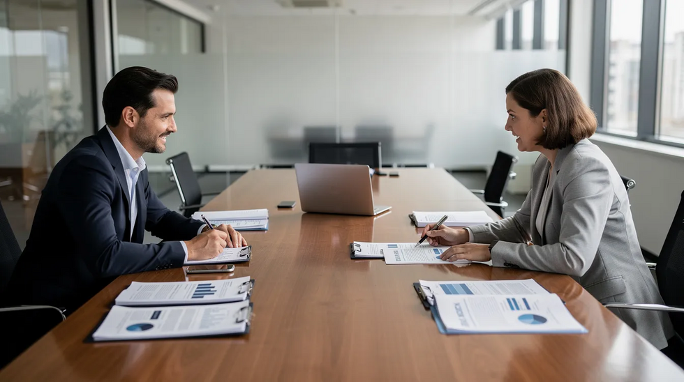 The image depicts a professional consultation meeting at a conference table, featuring documents and a laptop, likely discussing military divorce proceedings and related legal matters. The setting suggests a focus on family law, particularly for military families navigating issues such as child custody, military retirement benefits, and the Servicemembers Civil Relief Act.