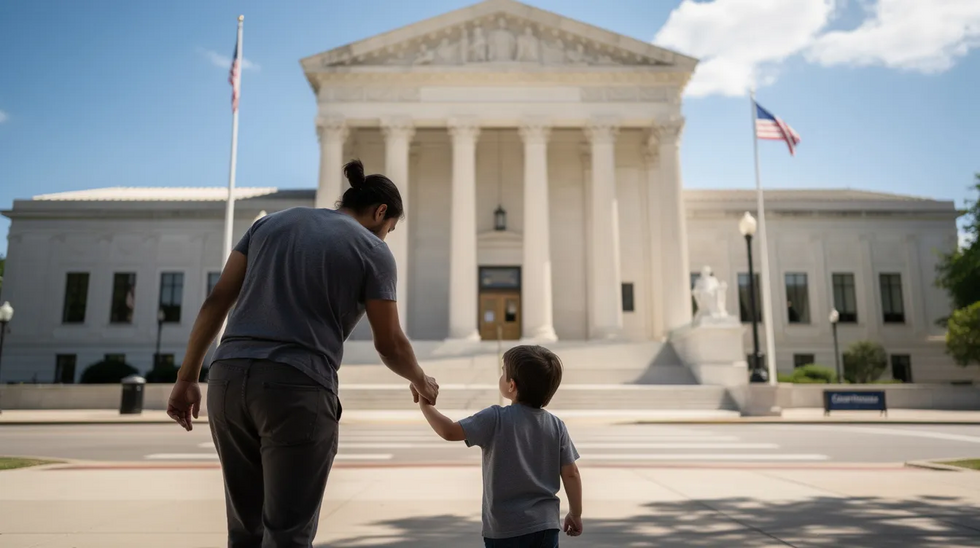A parent is holding a young child's hand as they walk towards a courthouse building on a clear day, highlighting the importance of child custody matters and the need for legal action in emergency situations to ensure the child's safety and well-being.