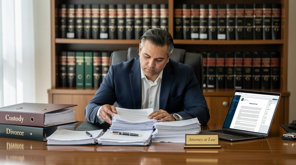 A family law attorney is seated at a desk, intently reviewing a stack of legal documents while a laptop is open beside them. This scene reflects the critical work involved in handling emergency child custody cases, ensuring the child's safety and well-being in situations that may involve immediate risk or domestic violence.