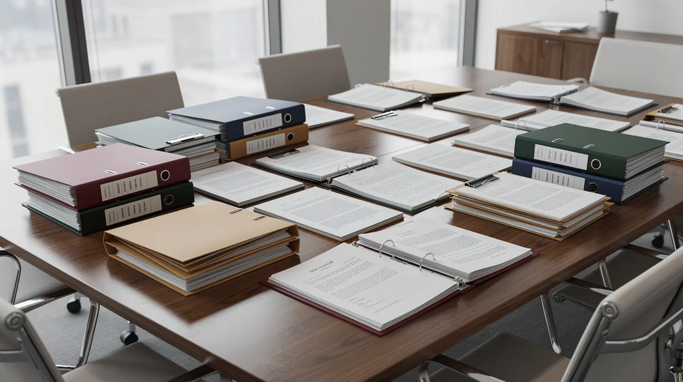 The image shows a conference table covered with neatly organized legal file folders and various documents, suggesting preparation for an important meeting or hearing related to child custody cases. These materials may include emergency custody orders and reports that address the child's safety and well-being in light of potential risks.