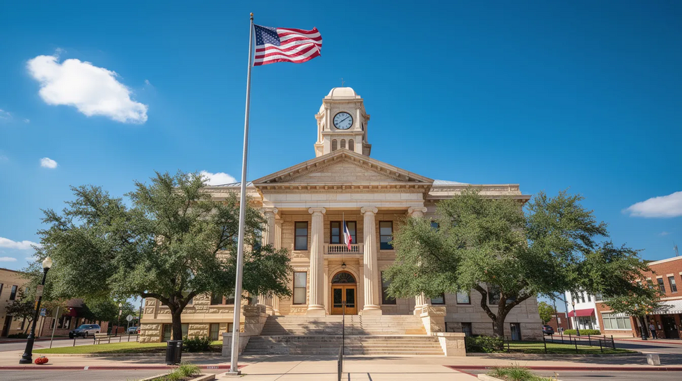 The image depicts the exterior of a Texas courthouse, featuring a prominent American flag waving against a clear blue sky. This setting symbolizes the legal environment where emergency child custody cases may be addressed, ensuring the child's safety and well-being under Texas law.