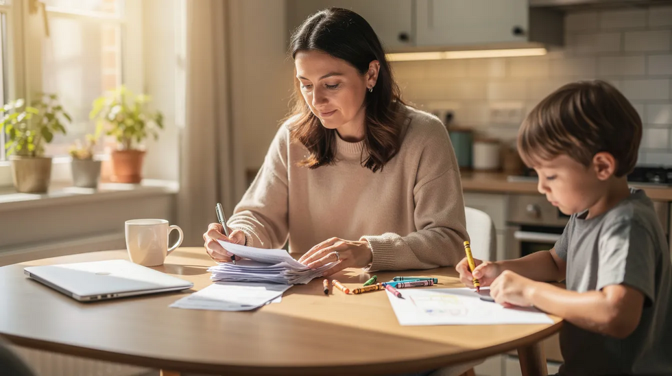 A parent sits at a kitchen table reviewing paperwork related to child support, while a young child plays nearby. The scene reflects the responsibilities of managing child support obligations and navigating potential modifications to existing child support orders.