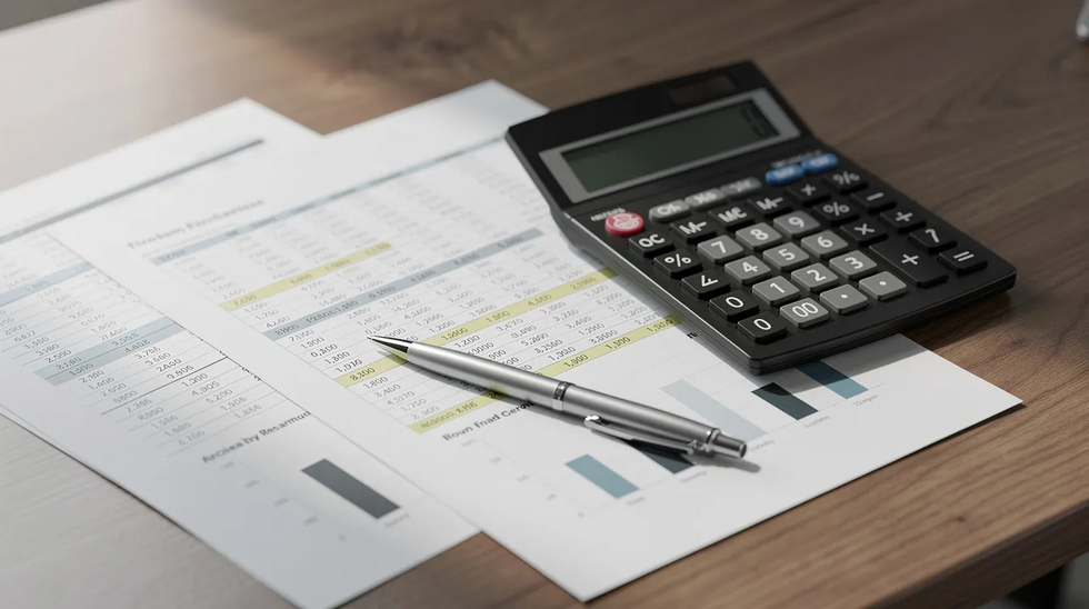 The image shows a calculator alongside various financial documents spread out on a wooden desk, suggesting a focus on managing child support payments and obligations. This setup may be used to analyze or modify child support orders in accordance with Texas law.