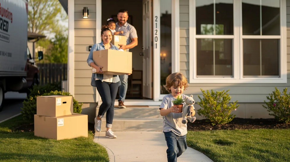 The image shows a family enthusiastically moving boxes into their new home, with a child helping by carrying a small item, symbolizing teamwork and support during a transition. This scene reflects the importance of family dynamics, which can be relevant in child support modification cases, particularly when circumstances change and parents need to adjust their support obligations.