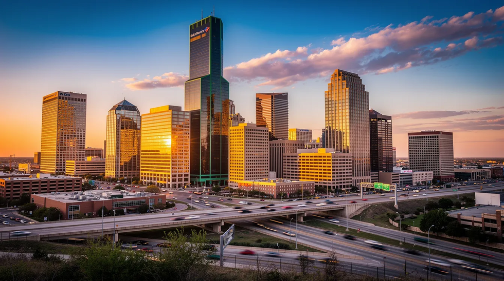 The image depicts the downtown Dallas skyline at sunset, showcasing tall buildings silhouetted against a vibrant orange and purple sky. This Texas cityscape reflects the bustling urban environment where families may navigate child support cases and custody orders.