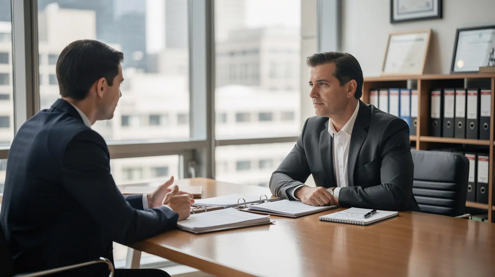 The image depicts a professional attorney meeting with a client in a law office, discussing documents related to property division, possibly involving community property and separate property under Texas law. The atmosphere is formal, emphasizing the importance of legal guidance in navigating complex property division cases.