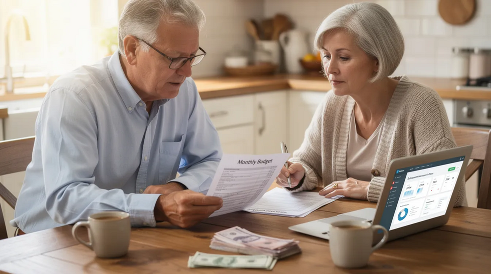 An older couple is sitting at a kitchen table, thoughtfully reviewing financial documents together, likely discussing their community property and marital assets in light of Texas community property laws. The scene suggests a collaborative effort in navigating the property division process, ensuring a fair property division agreement as they plan for their financial future.