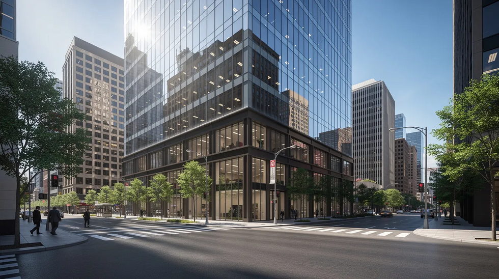 The image depicts a sleek modern office building with large glass windows, situated in a bustling downtown area under a clear blue sky. This urban setting represents a vibrant business environment, which may be relevant for discussions about community property laws and property division in Texas.