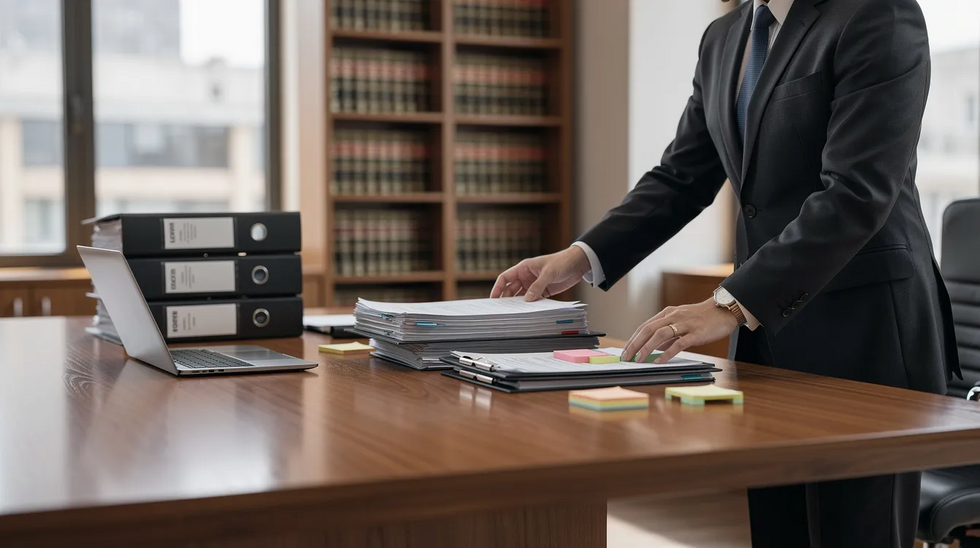 A professional attorney is seen organizing files and documents at a desk in a bright office, emphasizing the importance of legal guidance in navigating community property laws and the property division process in Texas divorce cases. The scene reflects a focus on complex property division and the attorney's role in ensuring fair property division agreements for clients.