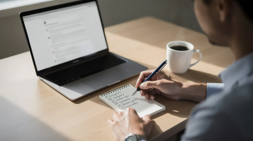 The image shows a person focused on writing a checklist in a notepad while seated at a desk, which also holds a laptop and a cup of coffee. This scene reflects the organization and planning often necessary in complex property division cases, particularly under Texas community property laws.
