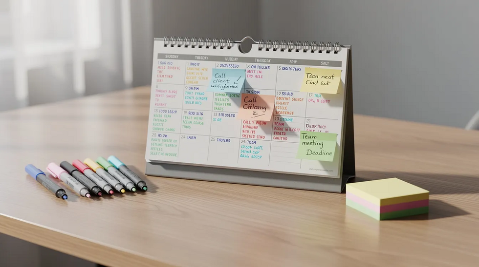 The image shows a desk calendar filled with colorful markers and sticky notes outlining a weekly schedule, likely used to manage visitation rights and parenting time in a child custody case. This organized setup reflects the importance of planning in maintaining a child's well-being and ensuring a smooth legal process for co-parents navigating custody arrangements.