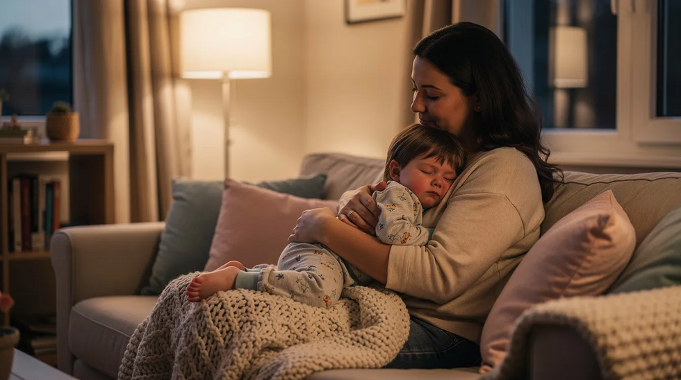 The image shows a parent tenderly cradling a sleeping toddler in a warm and inviting living room, symbolizing the deep bond in a parent-child relationship. This scene reflects the emotional aspects of child custody and the importance of a nurturing environment for a child's well-being, particularly in the context of family law matters.