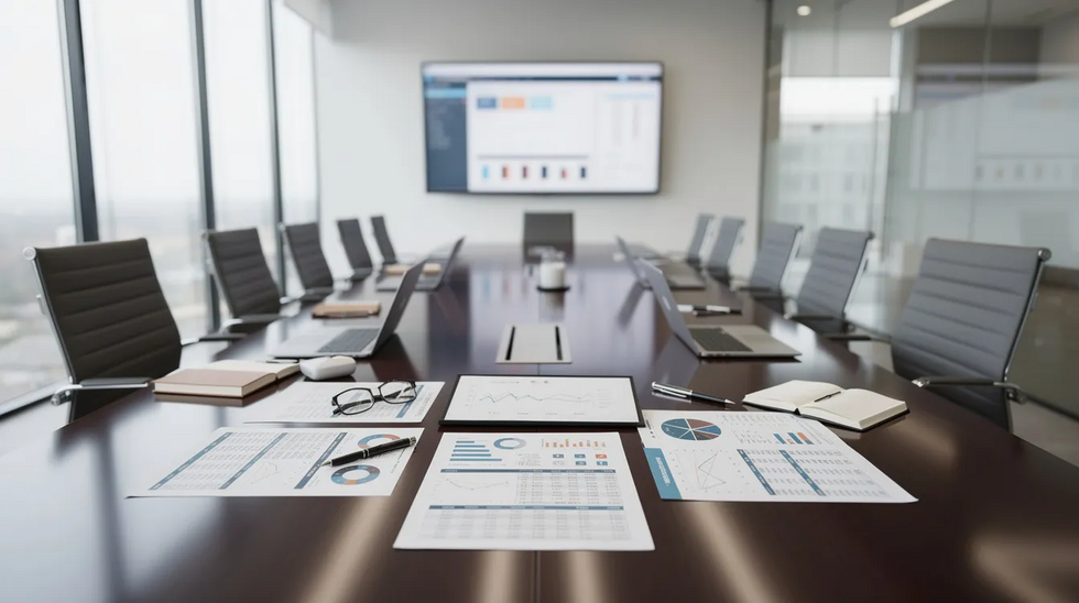 The image shows a professional meeting room with a large conference table covered in financial documents, including business valuation reports and profit and loss statements. This setting reflects the complexities of property division during divorce proceedings, particularly for business owners in Texas, as they navigate the separation of business assets and marital property.