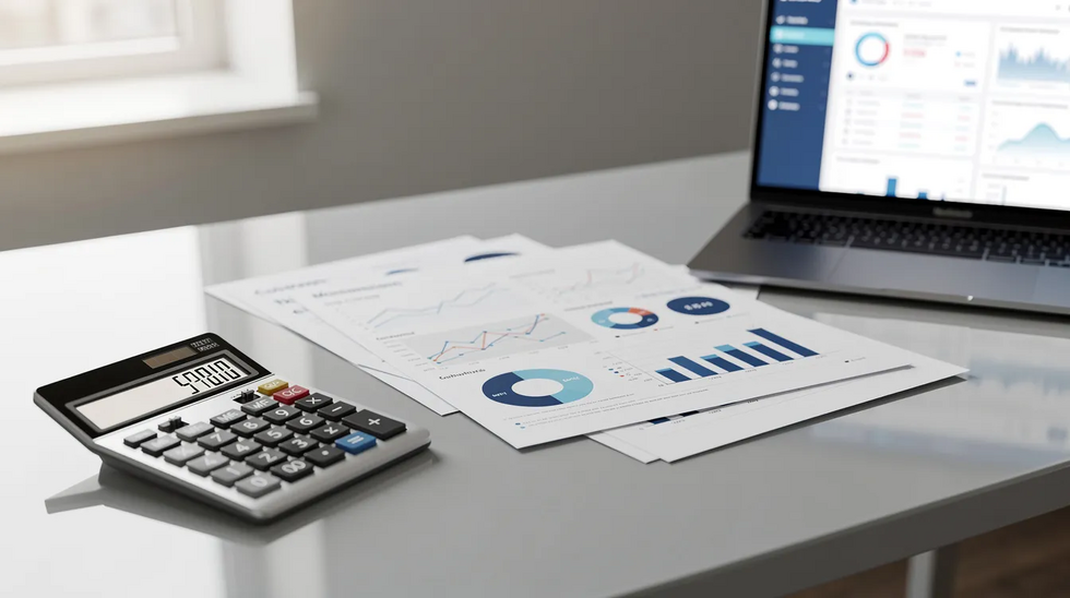 The image features a calculator, financial charts, and a laptop arranged neatly on a professional desk, symbolizing the complexities of business valuation and financial analysis during divorce proceedings. This setup reflects the importance of protecting business interests and understanding the division of business assets under Texas law.