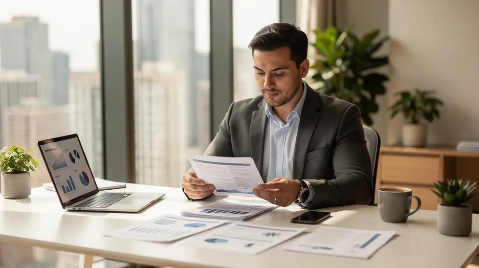 The image shows a business owner seated at a modern office desk, intently reviewing various financial documents and reports. This scene reflects the importance of understanding business valuation and protecting business interests during divorce proceedings in Texas, particularly concerning business assets and their classification as separate or community property.