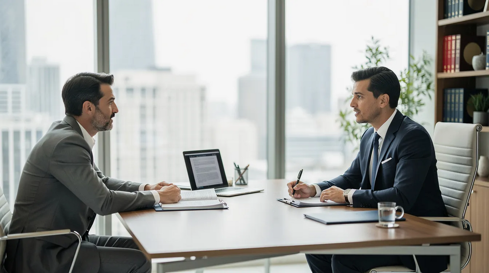 The image depicts a professional attorney consultation taking place in a modern office, where a divorce attorney is discussing the complexities of a divorce case with a client. The conversation likely involves topics such as adultery, child custody, and the division of marital assets in the context of Texas divorce law.