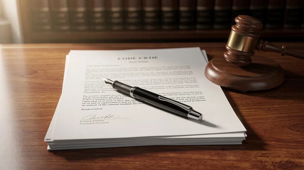 The image shows a wooden desk with legal documents, a pen, and a gavel, symbolizing the divorce process. This setup reflects themes of marital separation, such as dealing with issues like adultery, child custody, and property division in a Texas divorce case.