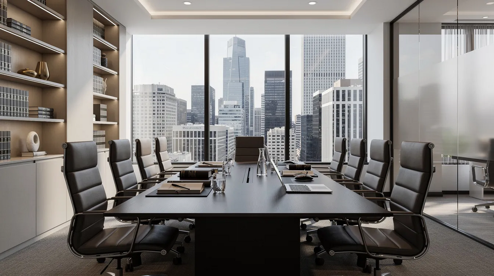 The image depicts a sleek and modern law office interior featuring a large conference table surrounded by chairs, with a panoramic view of the city skyline through floor-to-ceiling windows. This professional setting is ideal for discussing sensitive topics such as divorce processes, including cases involving a cheating spouse or issues related to child custody and property division in Texas.