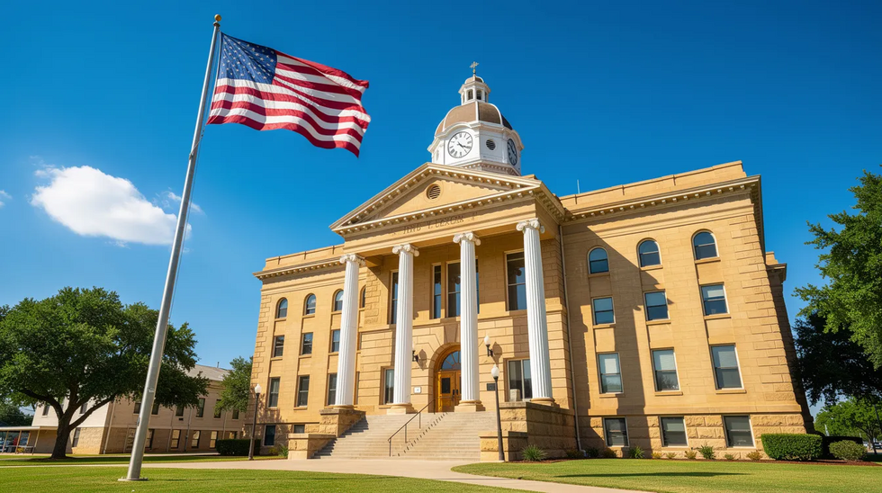 The image shows a Texas courthouse with an American flag waving in the breeze on a sunny day, symbolizing the legal authority that handles various family law matters, including common law marriage and divorce cases in Texas. The bright atmosphere reflects the importance of understanding legal rights and the formal processes involved in marriage and divorce.