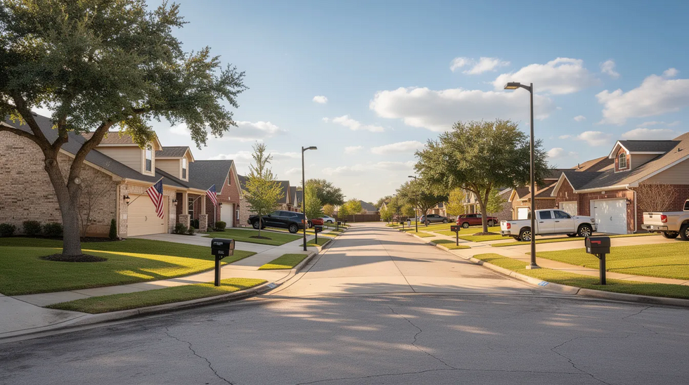 The image depicts a picturesque suburban neighborhood in Texas, featuring well-maintained homes with manicured lawns and vibrant greenery. This setting reflects the family-oriented atmosphere where issues such as common law marriage and community property laws may arise within the context of Texas family law.