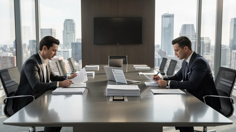 The image depicts a professional meeting room where two individuals are seated at a conference table, reviewing legal documents related to family law. They appear engaged in a discussion, possibly concerning matters such as common law marriage or property division under Texas law.
