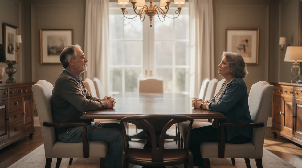 An older couple sits at opposite ends of a long dining table in a well-furnished home, each lost in thought and looking away from one another, reflecting the emotional challenges often faced during a gray divorce. This significant life transition may involve considerations like dividing retirement accounts and addressing spousal support as they navigate their separate paths.