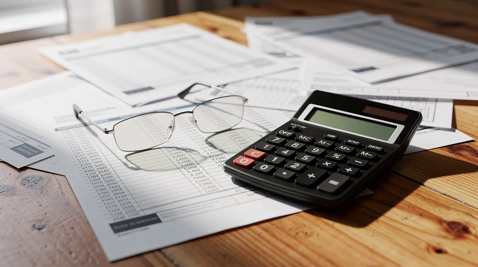 The image shows financial documents, a calculator, and reading glasses arranged on a wooden desk, symbolizing the complexities of managing retirement accounts and spousal support during the gray divorce process in Texas. This setup reflects the importance of financial planning and understanding the implications of dividing retirement assets and community property.