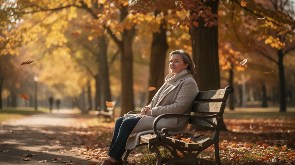 A middle-aged woman sits peacefully on a park bench surrounded by vibrant autumn trees, reflecting on her life during this significant life transition often associated with gray divorce. The serene setting symbolizes personal growth and the emotional aspects of navigating retirement plans and financial security in later life.
