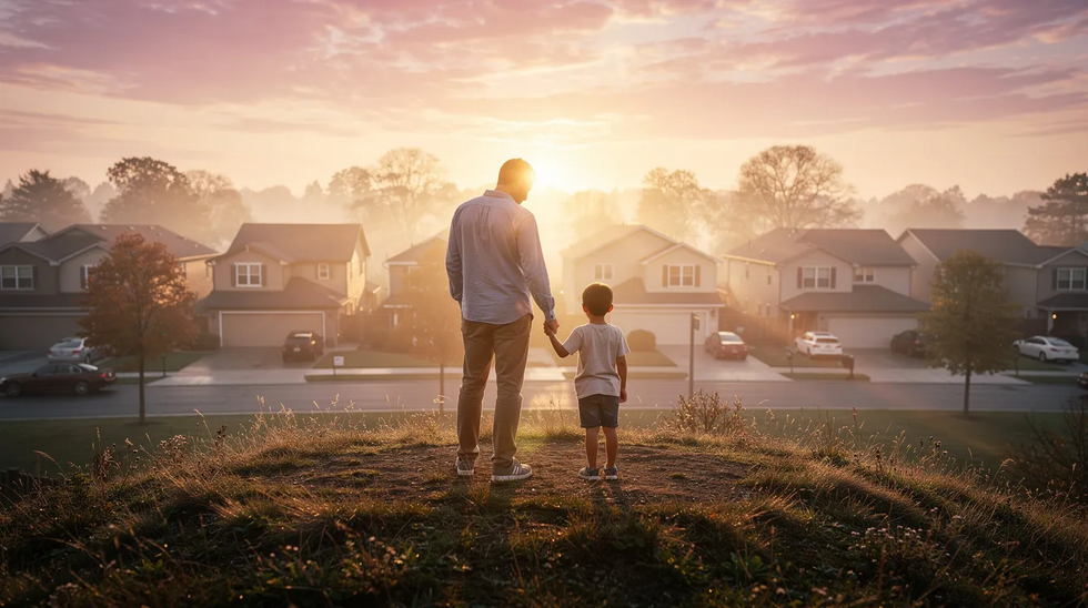 A custodial parent stands hand in hand with their child, gazing out over a suburban neighborhood bathed in the warm light of sunrise, symbolizing their commitment to maintaining a healthy relationship and the child's best interests amidst potential relocation discussions. The scene captures the essence of family support and the importance of the child's stability in the context of custody agreements and parental rights.