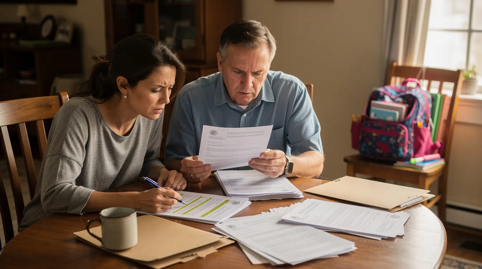 The image shows two parents sitting at a table, reviewing legal documents related to their custody agreement, with a child's school backpack nearby, symbolizing the importance of the child's education and well-being in their discussions about potential relocation. This scene highlights the complexities of co-parenting and the need for mutual agreement in custody arrangements, especially under Texas law.