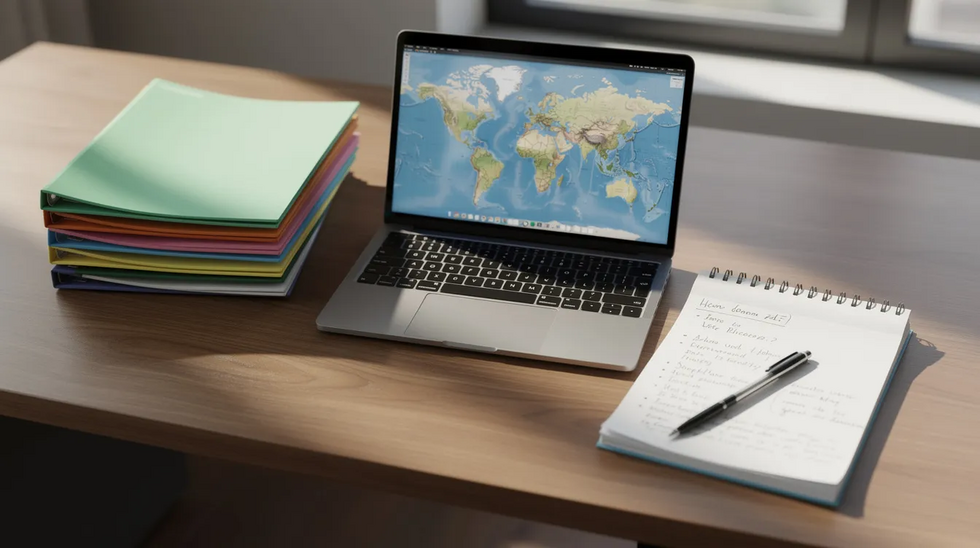 The image shows a neatly organized desk featuring folders, a laptop displaying a map, and a notepad filled with handwritten notes, likely related to a child's relocation case. This setup suggests preparation for discussions about custody arrangements and potential relocation requests under Texas law, emphasizing the importance of the child's best interests and maintaining meaningful contact with both parents.