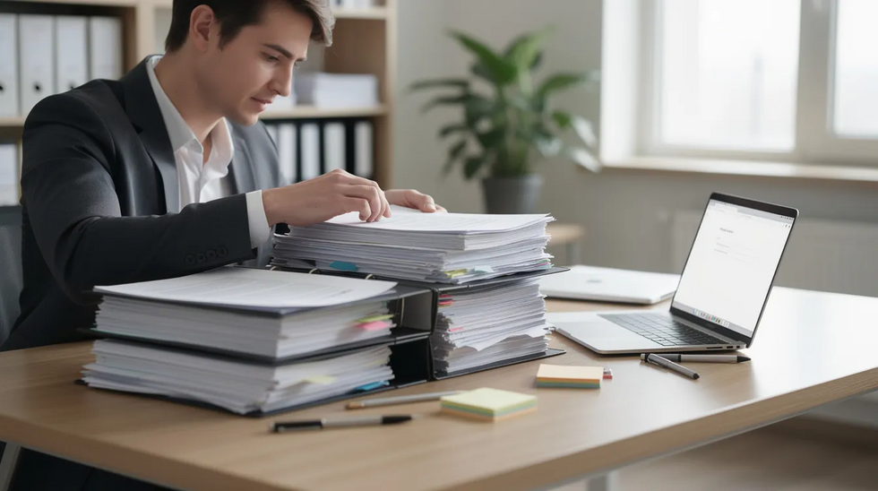 The image shows a person at a desk, meticulously organizing papers and documents related to child custody, with a laptop nearby. This scene reflects the importance of maintaining proper records for issues such as court orders, visitation rights, and compliance with the Texas family code.