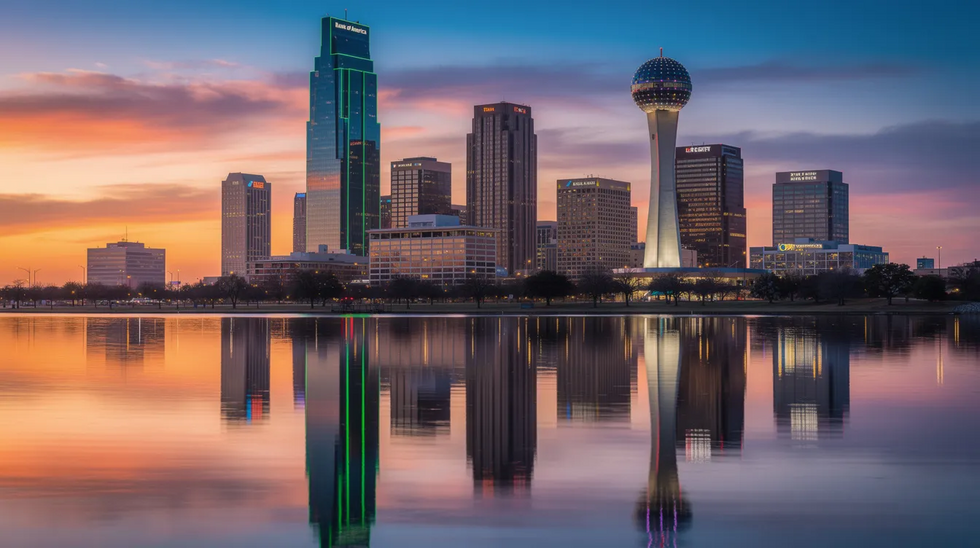 The image features the Dallas, Texas skyline at sunset, with vibrant hues of orange and purple illuminating the sky, while the silhouettes of city buildings are beautifully reflected in the calm water below. This picturesque scene serves as a reminder of the importance of maintaining a healthy parent-child relationship, especially during custody and visitation discussions in Texas courts.