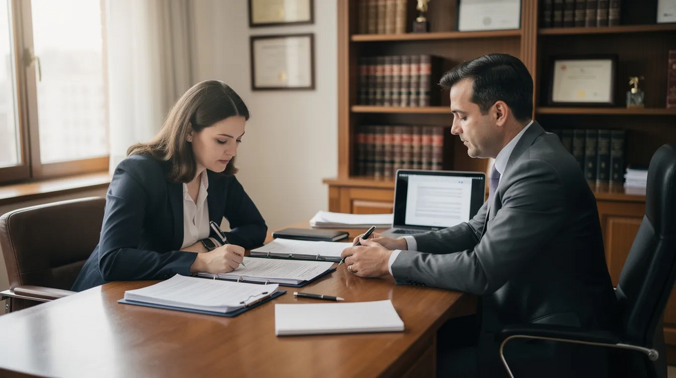 A parent is seated at a desk, reviewing legal documents with a family law attorney, who is providing guidance on matters related to temporary child custody and child support under the Texas family code. The atmosphere is focused and serious, reflecting the importance of preparing for a temporary orders hearing in their custody case.